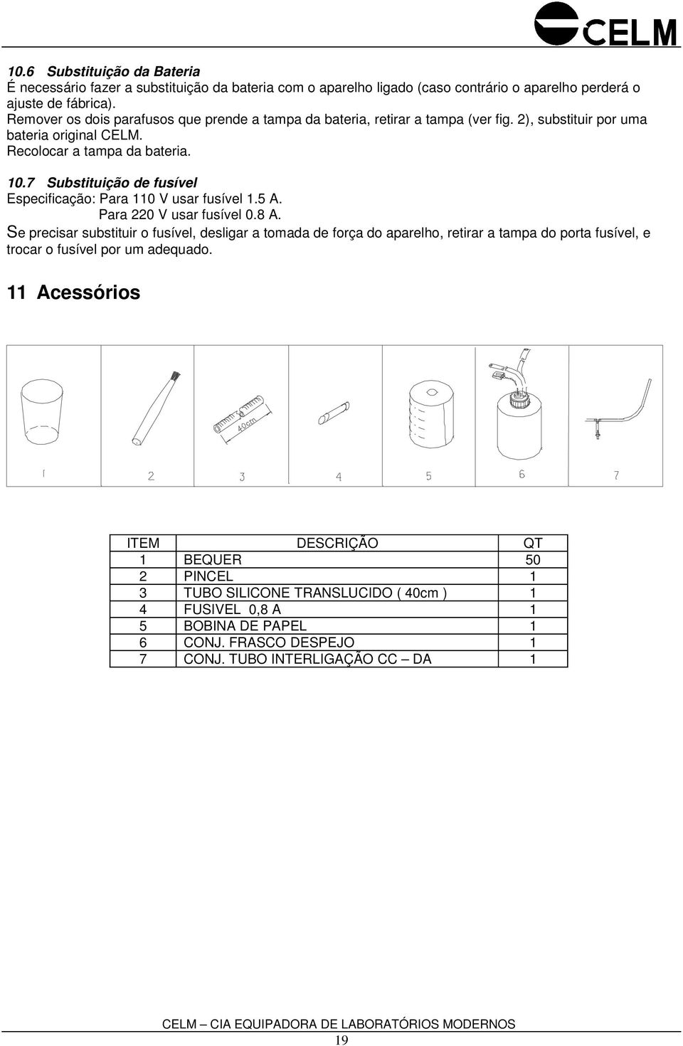 7 Substituição de fusível Especificação: Para 110 V usar fusível 1.5 A. Para 220 V usar fusível 0.8 A.