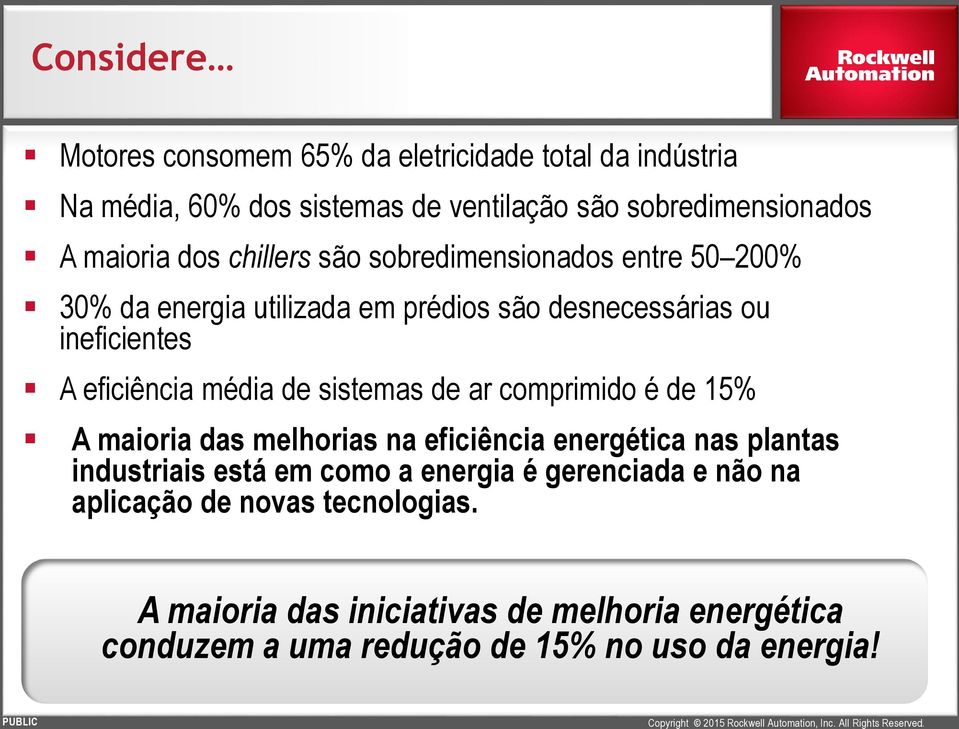 média de sistemas de ar comprimido é de 15% A maioria das melhorias na eficiência energética nas plantas industriais está em como a energia é