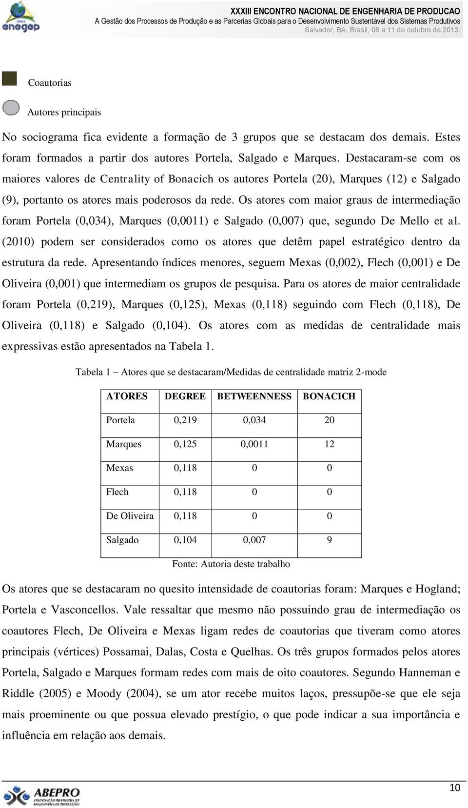 Os atores com maior graus de intermediação foram Portela (0,034), Marques (0,0011) e Salgado (0,007) que, segundo De Mello et al.