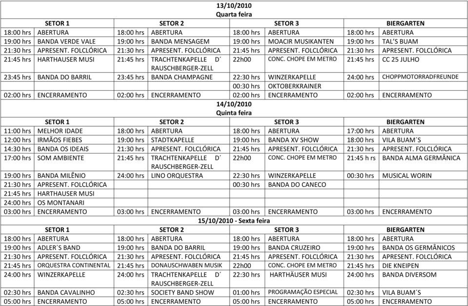 hrs ENCERRAMENTO 02:00 hrs ENCERRAMENTO 02:00 hrs ENCERRAMENTO 14/10/2010 Quinta feira 11:00 hrs MELHOR IDADE 18:00 hrs ABERTURA 18:00 hrs ABERTURA 17:00 hrs ABERTURA 12:00 hrs IRMÃOS FIEBES 19:00