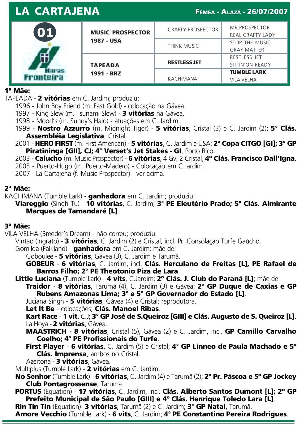 Fast Gold) - colocação na Gávea. 1997 - King Slew (m. Tsunami Slew) - 3 vitórias na Gávea. 1998 - Mood s (m. Sunny s Halo) - atuações em C. Jardim. 1999 - Nostro Azzurro (m.