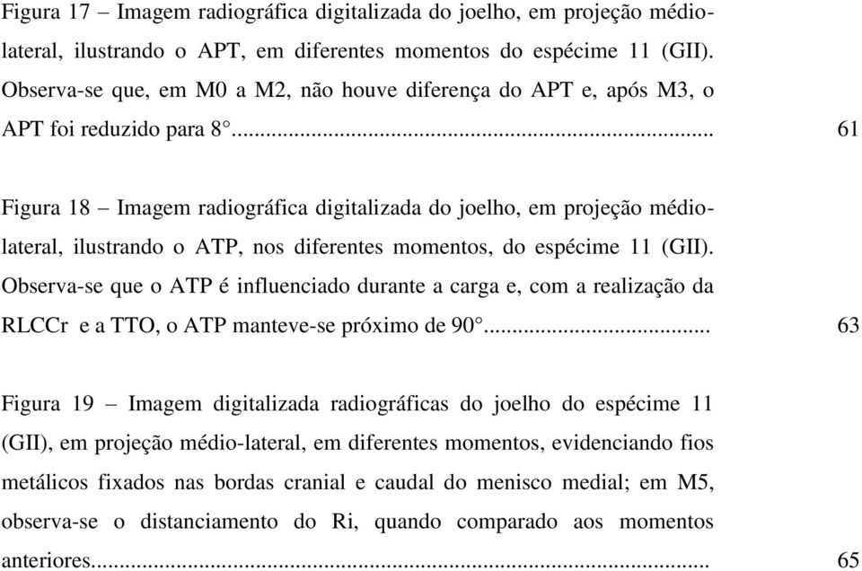 .. 61 Figura 18 Imagem radiográfica digitalizada do joelho, em projeção médiolateral, ilustrando o ATP, nos diferentes momentos, do espécime 11 (GII).