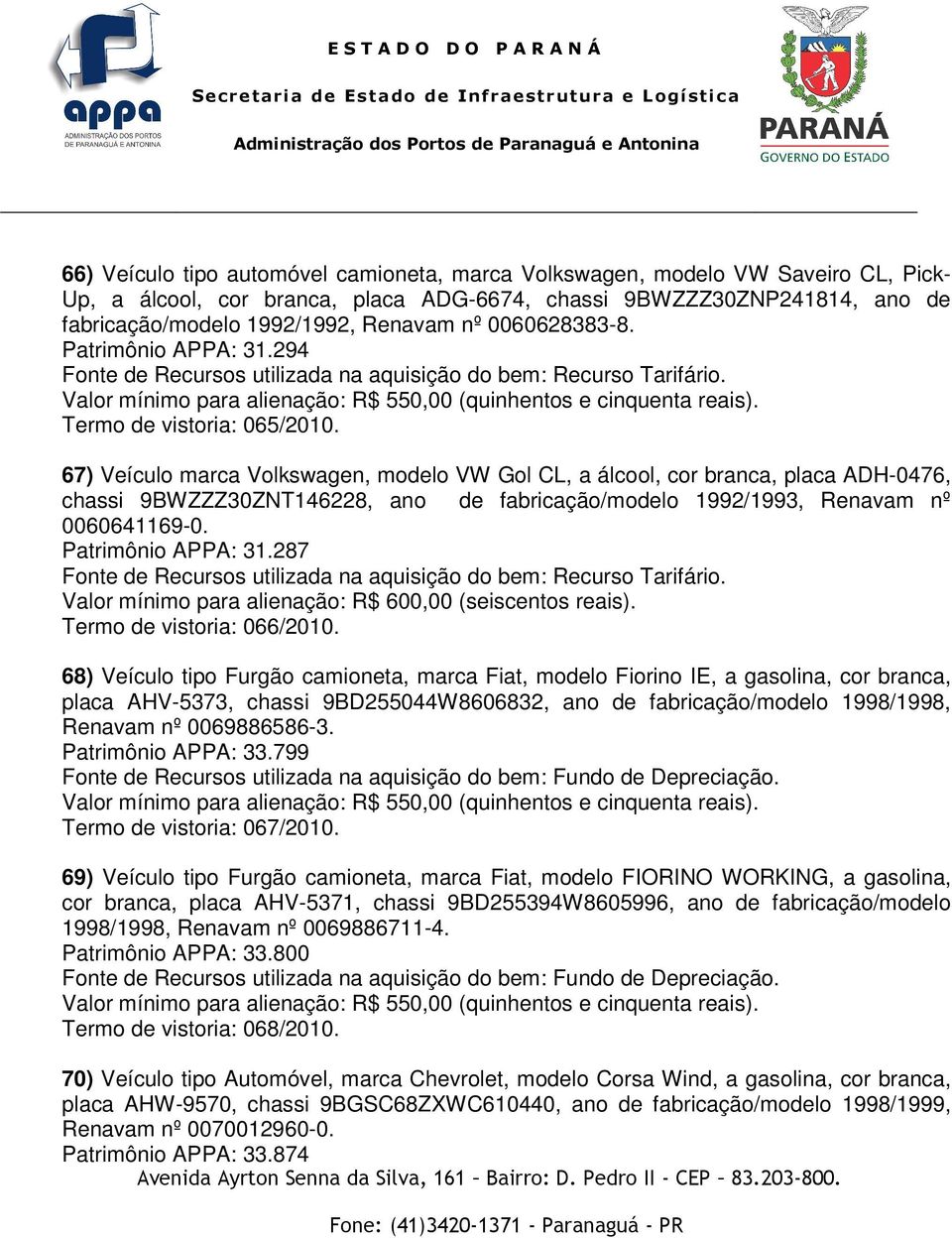 67) Veículo marca Volkswagen, modelo VW Gol CL, a álcool, cor branca, placa ADH-0476, chassi 9BWZZZ30ZNT146228, ano de fabricação/modelo 1992/1993, Renavam nº 0060641169-0. Patrimônio APPA: 31.