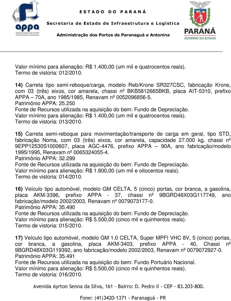 nº 0052096856-5. Patrimônio APPA: 25.250 Valor mínimo para alienação: R$ 1.400,00 (um mil e quatrocentos reais). Termo de vistoria: 013/2010.