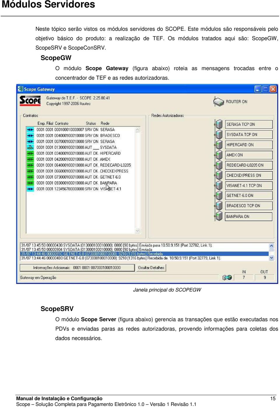 ScopeGW O módulo Scope Gateway (figura abaixo) roteia as mensagens trocadas entre o concentrador de TEF e as redes autorizadoras.