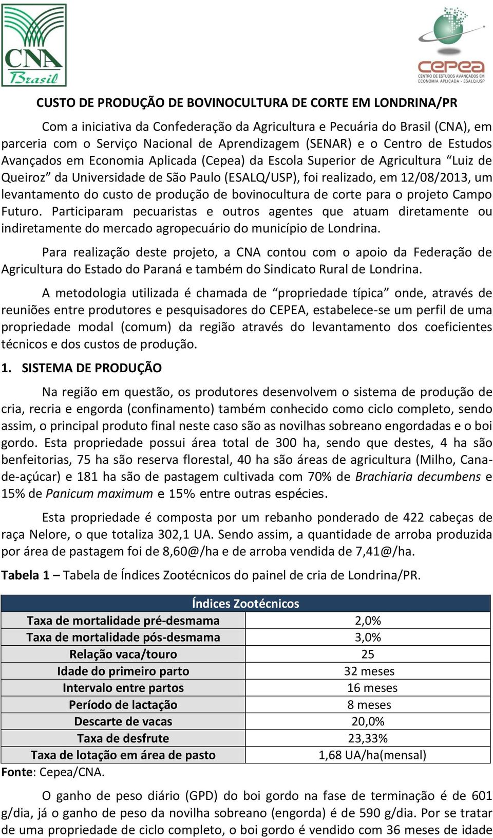 custo de produção de bovinocultura de corte para o projeto Campo Futuro.