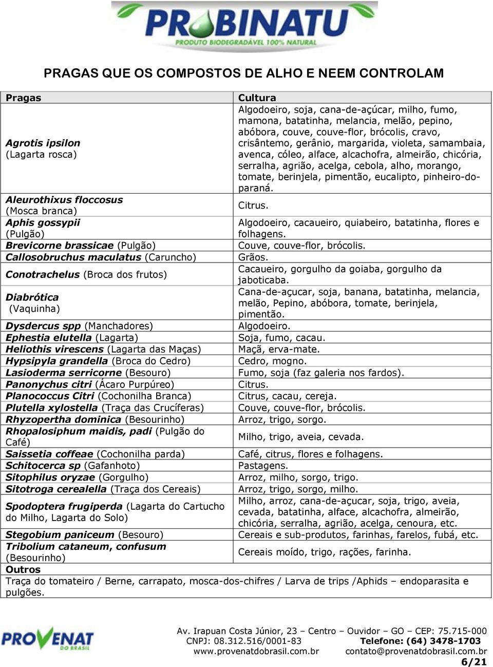 do Cedro) Lasioderma serricorne (Besouro) Panonychus citri (Ácaro Purpúreo) Planococcus Citri (Cochonilha Branca) Plutella xylostella (Traça das Crucíferas) Rhyzopertha dominica (Besourinho)