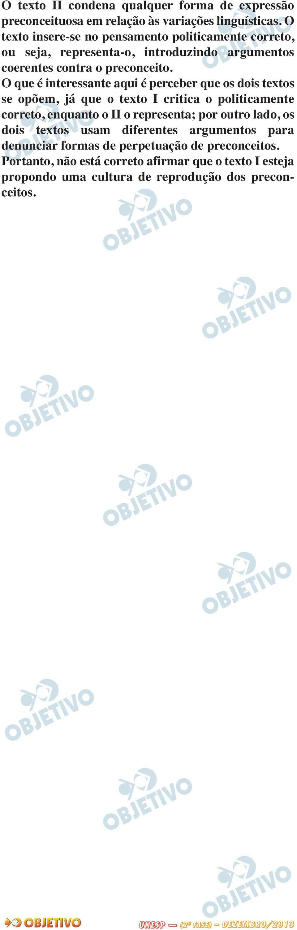 O que é interessante aqui é perceber que os dois textos se opõem, já que o texto I critica o politicamente correto, enquanto o II o representa; por