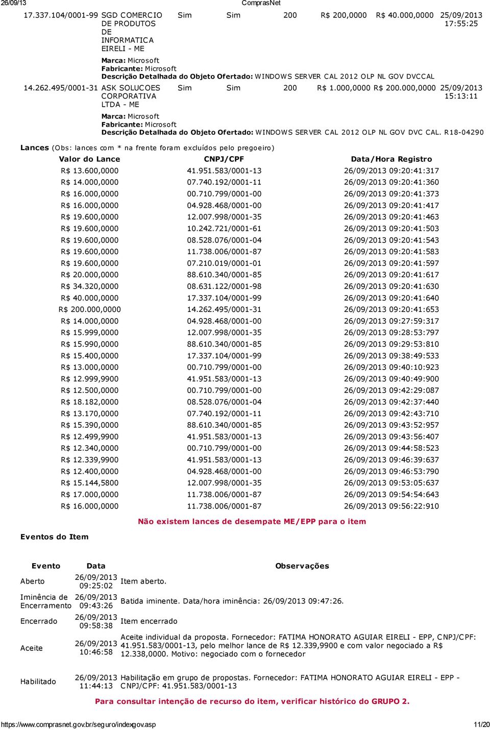 000,0000 25/09/2013 15:13:11 Descrição Detalhada do Objeto Ofertado: WINDOWS SERVER CAL 2012 OLP NL GOV DVC CAL.