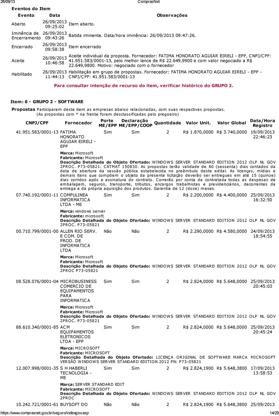 583/0001-13, pelo melhor lance de R$ 22.649,9900 e com valor negociado a R$ 22.649,9800. Motivo: negociado com o fornecedor Habilitação em grupo de propostas.