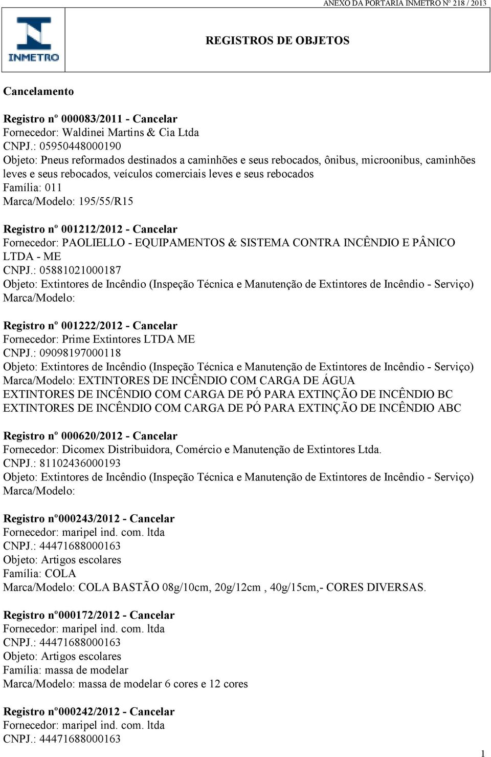 Marca/Modelo: 195/55/R15 Registro nº 001212/2012 - Cancelar Fornecedor: PAOLIELLO - EQUIPAMENTOS & SISTEMA CONTRA INCÊNDIO E PÂNICO LTDA - ME CNPJ.