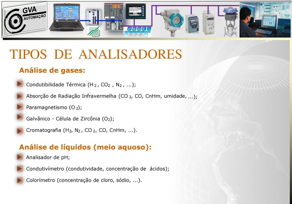 ..); Paramagnetismo (O 2 ); Galvânico - Célula de Zircônia (O 2 ); Cromatografia (H 2, N 2, CO 2, CO,