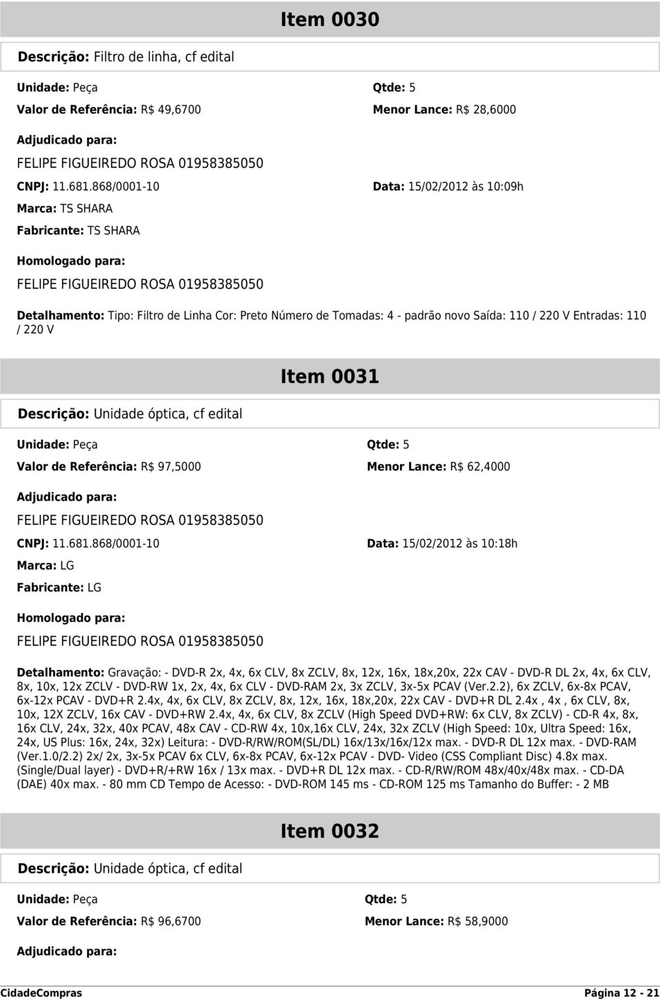 Descrição: Unidade óptica, cf edital Item 0031 Valor de Referência: R$ 97,5000 Menor Lance: R$ 62,4000 CNPJ: 11.681.