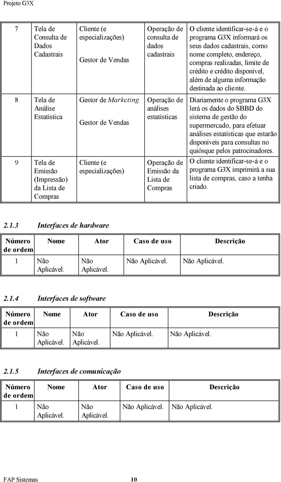 8 Tela de Análise Estatística Gestor de Marketing Gestor de Vendas Operação de análises estatísticas Diariamente o programa G3X lerá os dados do SBBD do sistema de gestão do supermercado, para