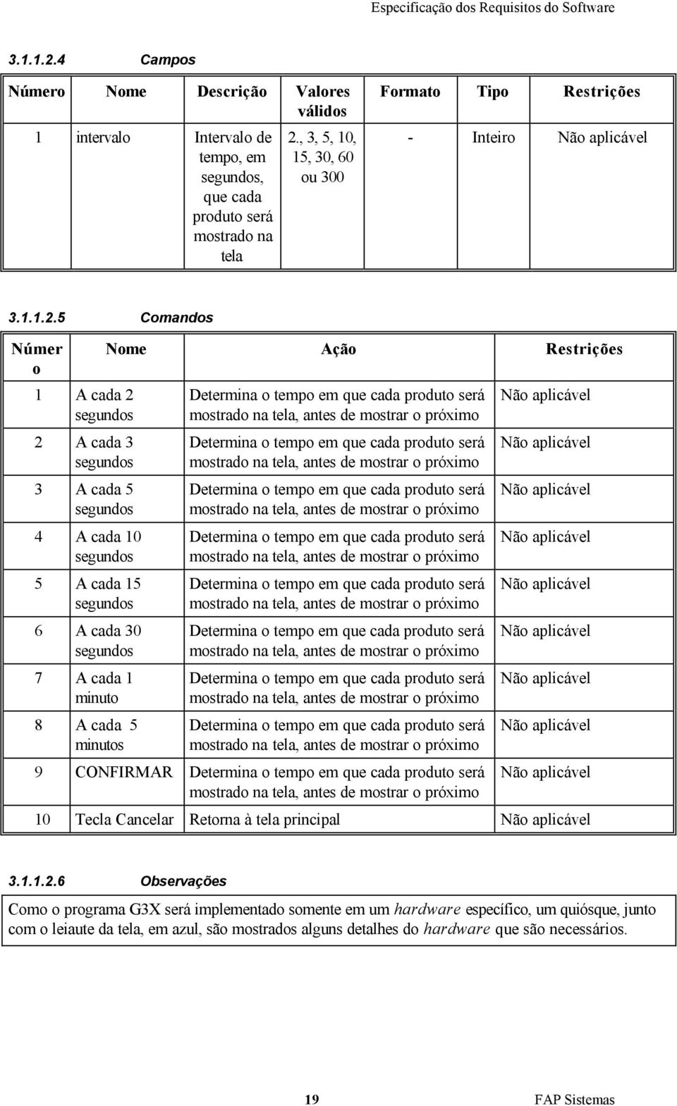 5 Comandos Númer o 1 A cada 2 segundos 2 A cada 3 segundos 3 A cada 5 segundos 4 A cada 10 segundos 5 A cada 15 segundos 6 A cada 30 segundos 7 A cada 1 minuto 8 A cada 5 minutos Nome Ação Restrições