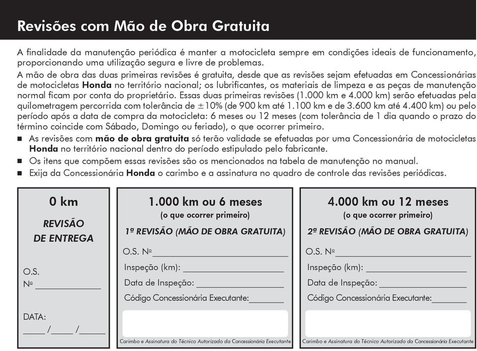 e as peças de manutenção normal ficam por conta do proprietário. Essas duas primeiras revisões (1.000 km e 4.