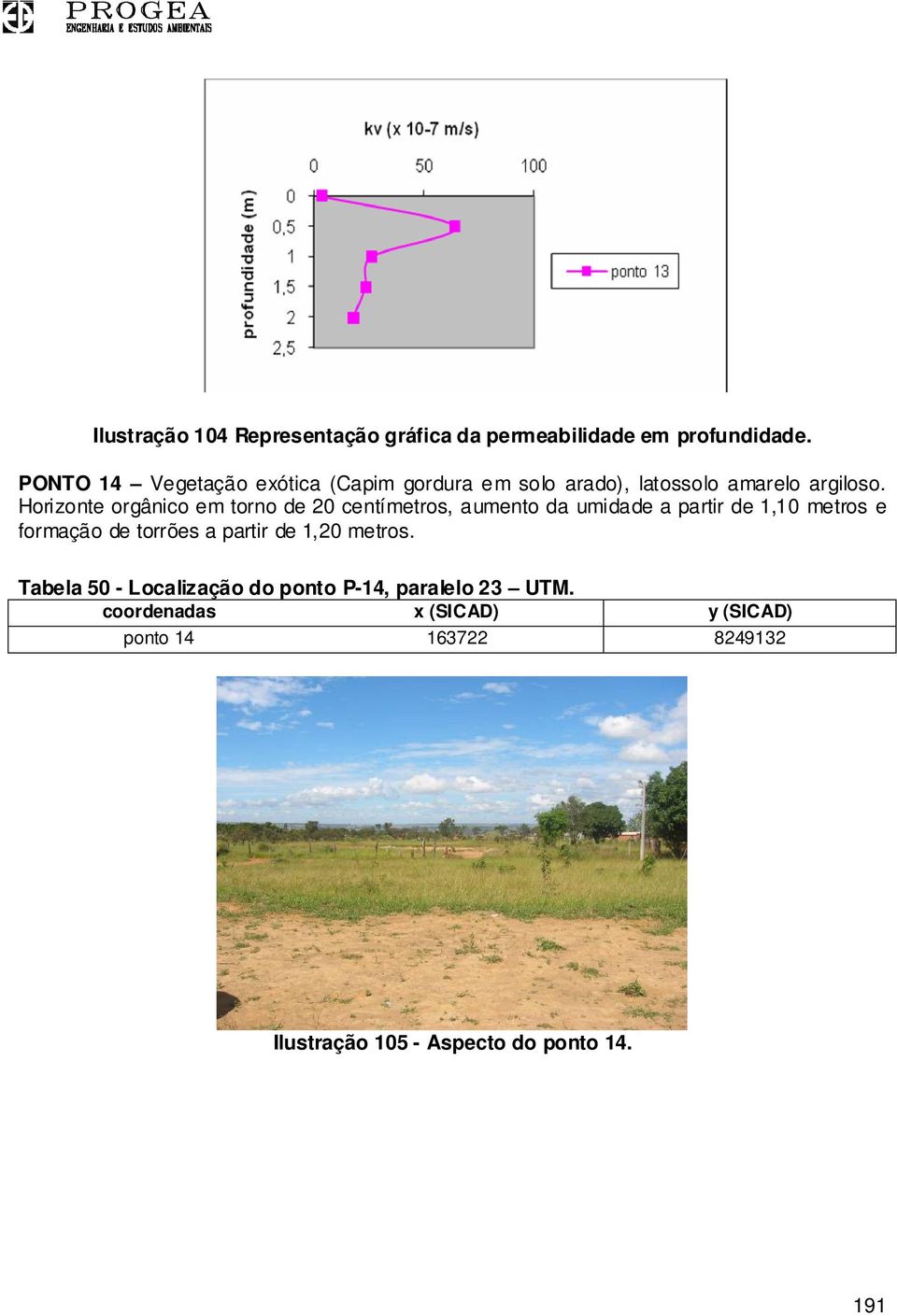 Horizonte orgânico em torno de 20 centímetros, aumento da umidade a partir de 1,10 metros e formação de torrões