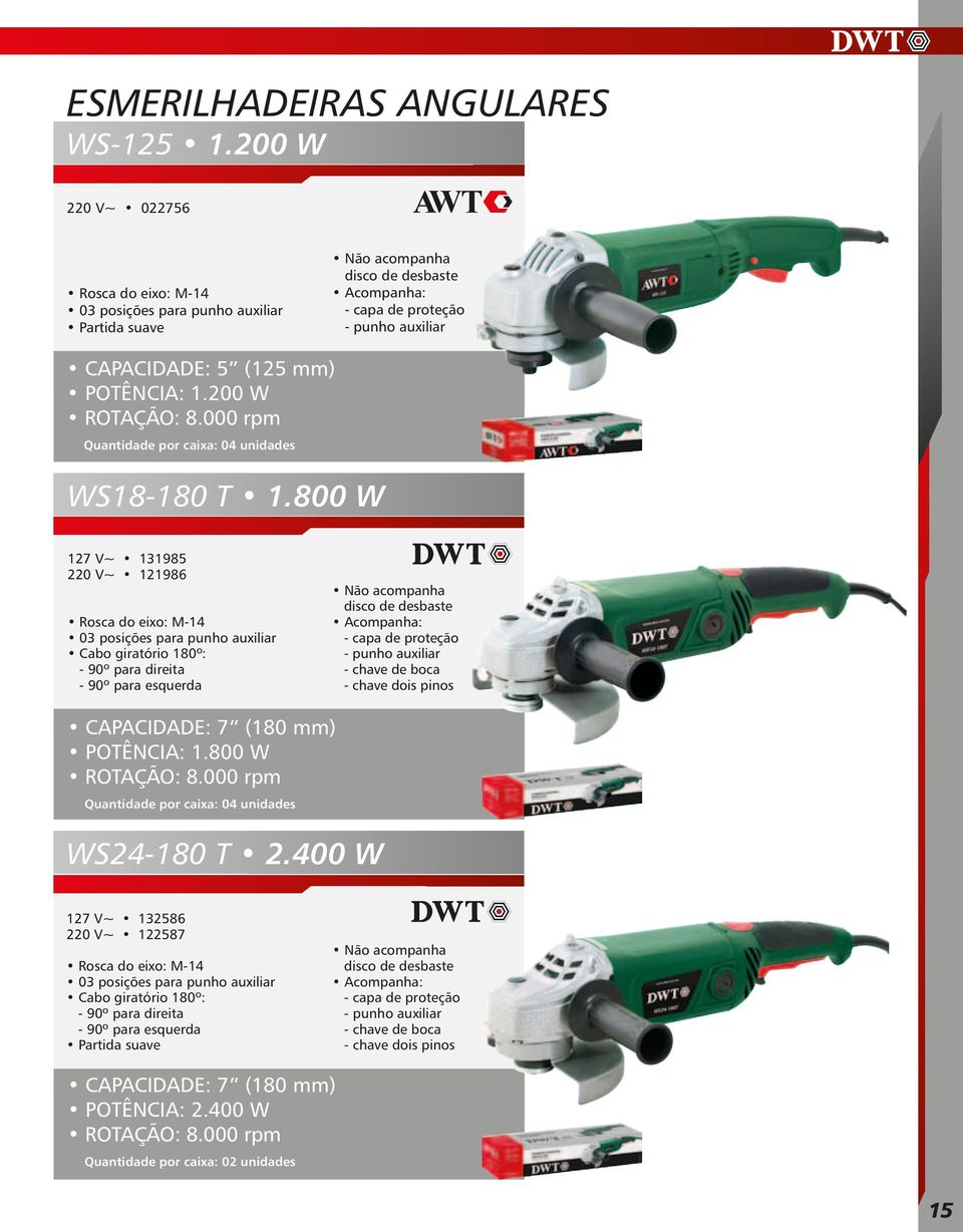 200 W ROTAÇÃO: 8.000 rpm Quantidade por caixa: 04 unidades WS18-180 T 1.