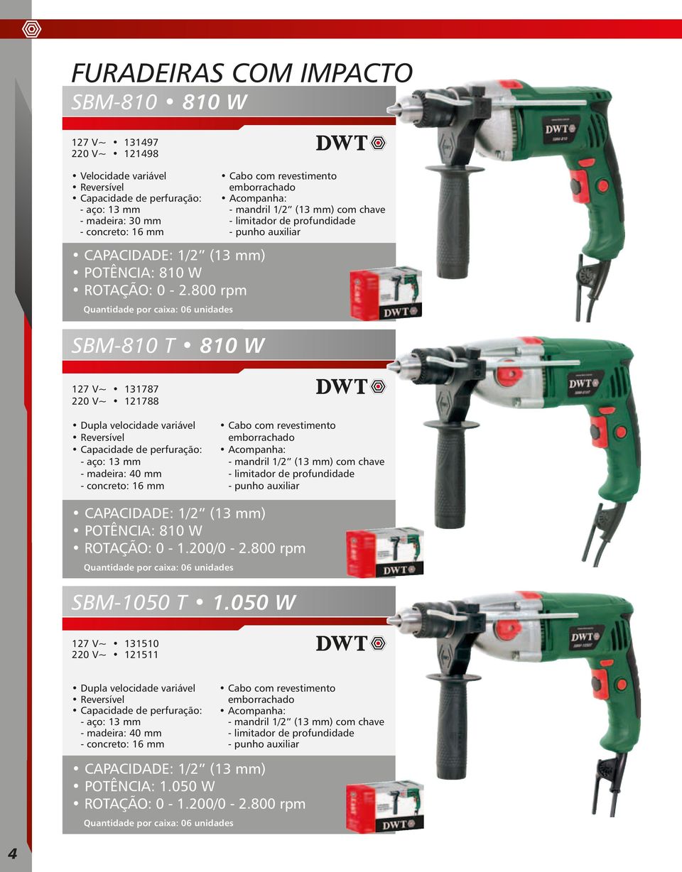 800 rpm Quantidade por caixa: 06 unidades SBM-810 T 810 W Cabo com revestimento emborrachado - mandril 1/2 (13 mm) com chave - limitador de profundidade - punho auxiliar 127 V~ 131787 220 V~ 121788