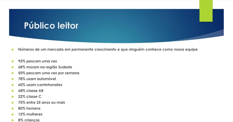 pescam uma vez por semana 78% usam automóvel 60% usam caminhonetes 68% classe