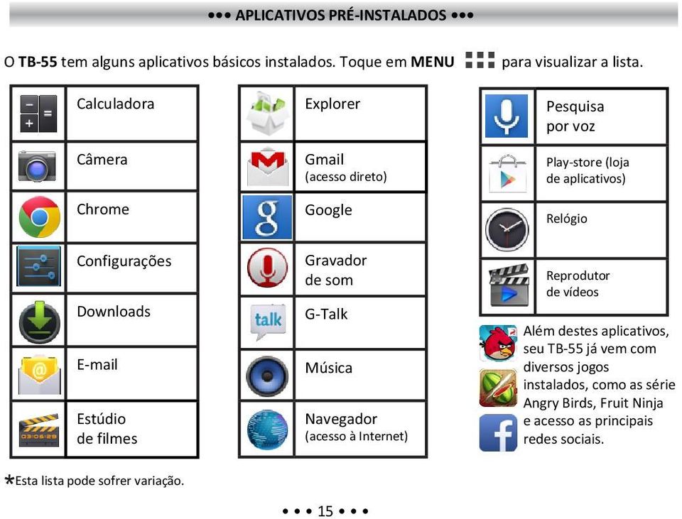 Música Navegador (acesso à Internet) Pesquisa por voz Play-store (loja de aplicativos) Relógio Reprodutor de vídeos Além destes