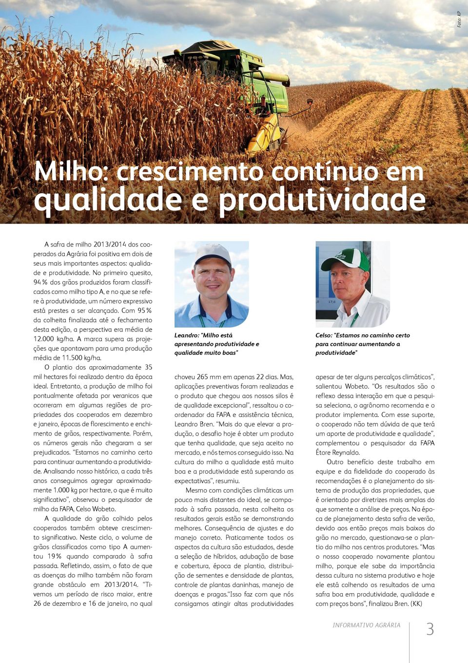 Com 95% da colheita finalizada até o fechamento desta edição, a perspectiva era média de 12.000 kg/ha. A marca supera as projeções que apontavam para uma produção média de 11.500 kg/ha.