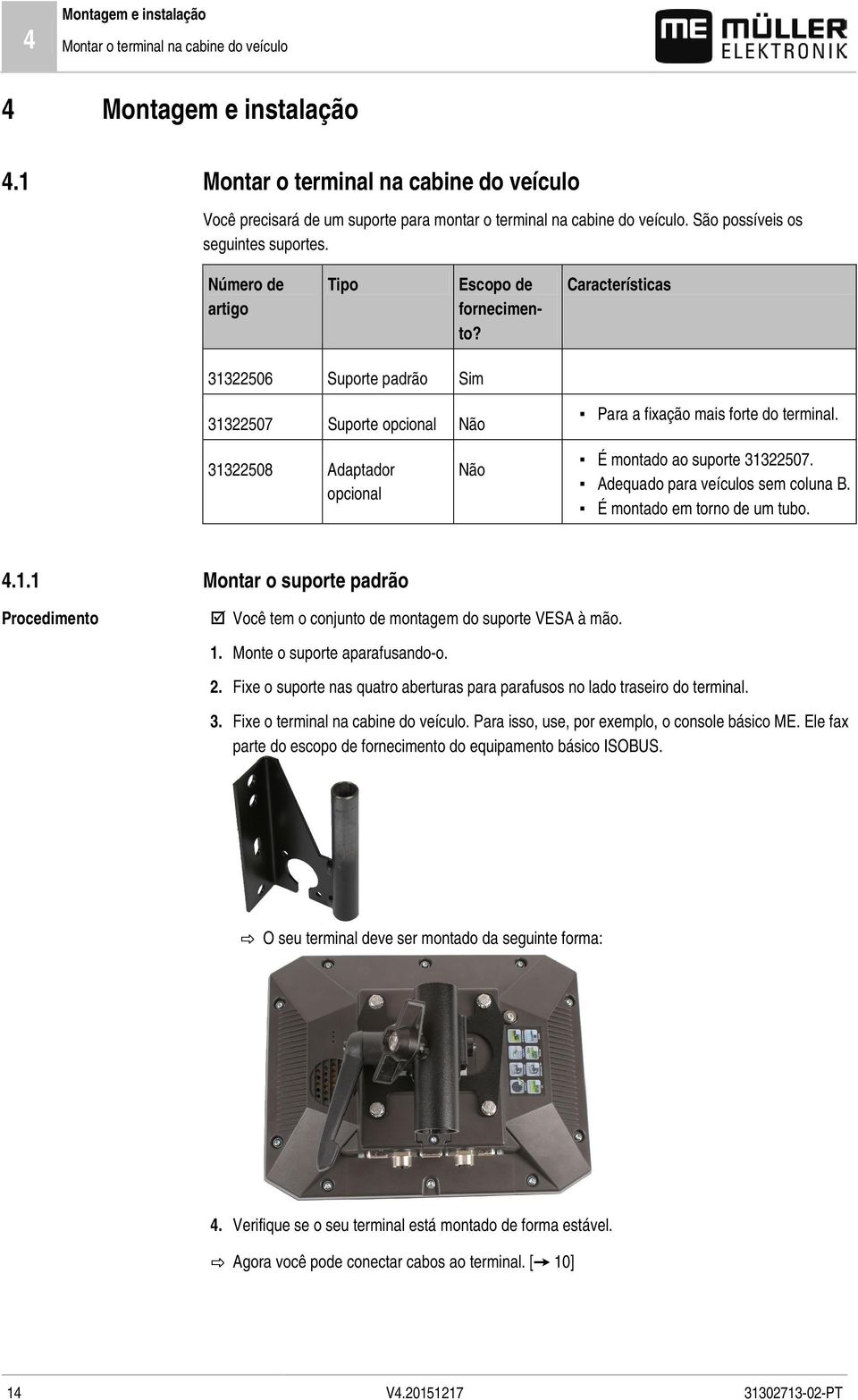 Número de artigo Tipo Escopo de fornecimento? Características 31322506 Suporte padrão Sim 31322507 Suporte opcional Não Para a fixação mais forte do terminal.