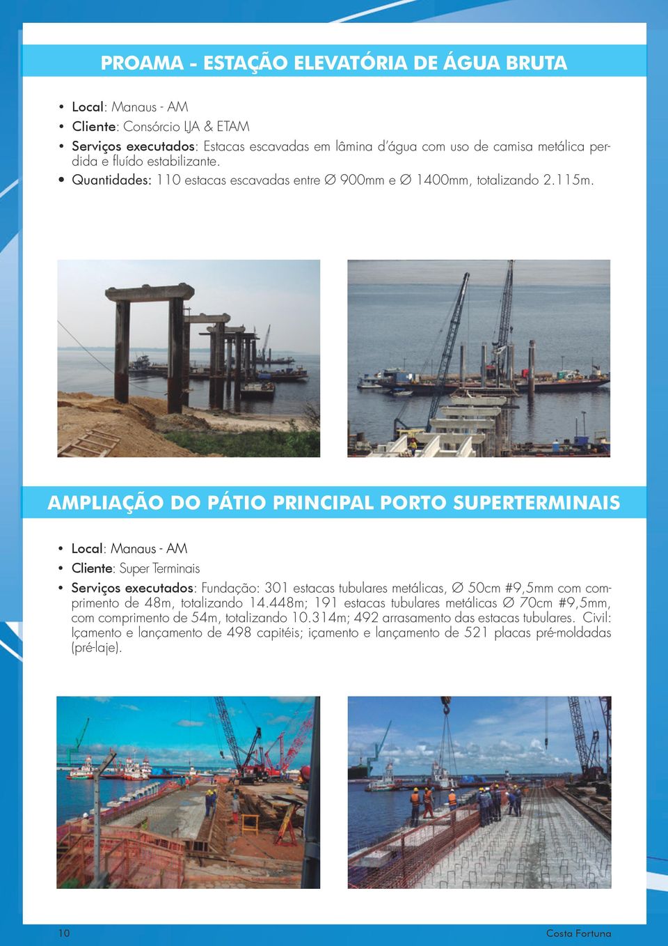 AMPLIAÇÃO DO PÁTIO PRINCIPAL PORTO SUPERTERMINAIS Local: Manaus - AM Cliente: Super Terminais Serviços executados: Fundação: 301 estacas tubulares metálicas, Ø 50cm #9,5mm com comprimento