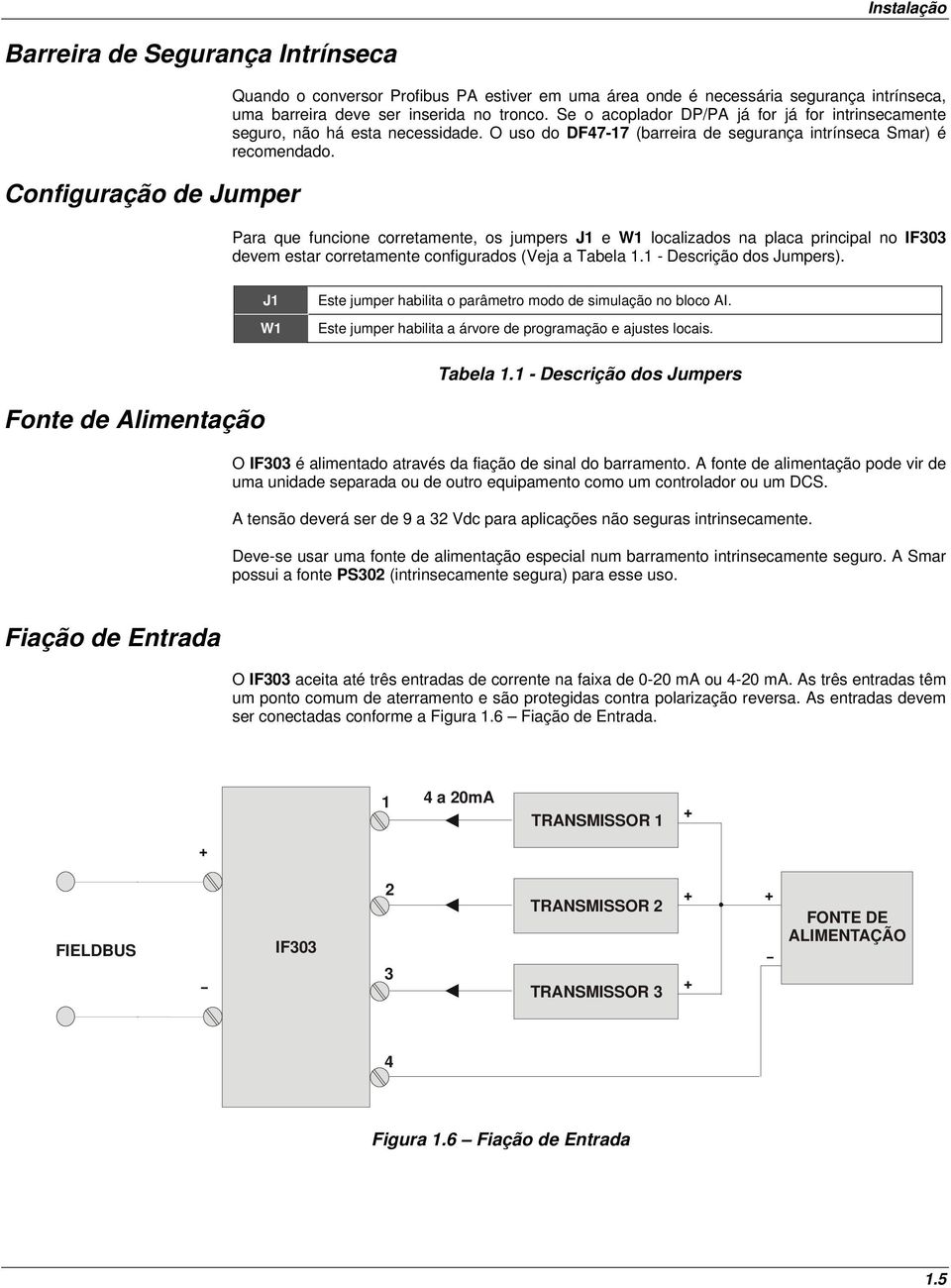 Para que funcione corretamente, os jumpers J1 e W1 localizados na placa principal no IF303 devem estar corretamente configurados (Veja a Tabela 1.1 - Descrição dos Jumpers).