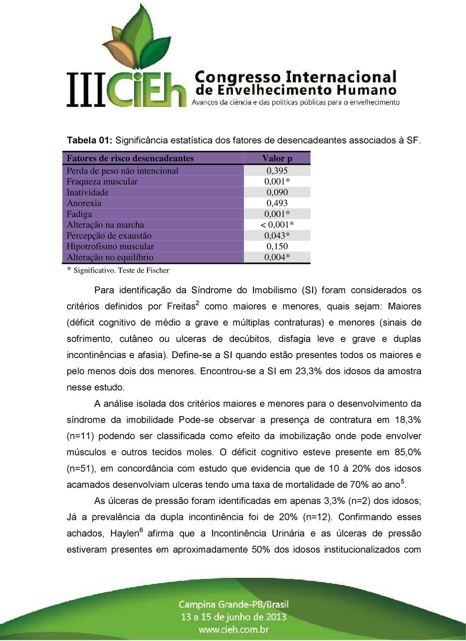 0,043* Hipotrofismo muscular 0,150 Alteração no equilíbrio 0,004* * Significativo.