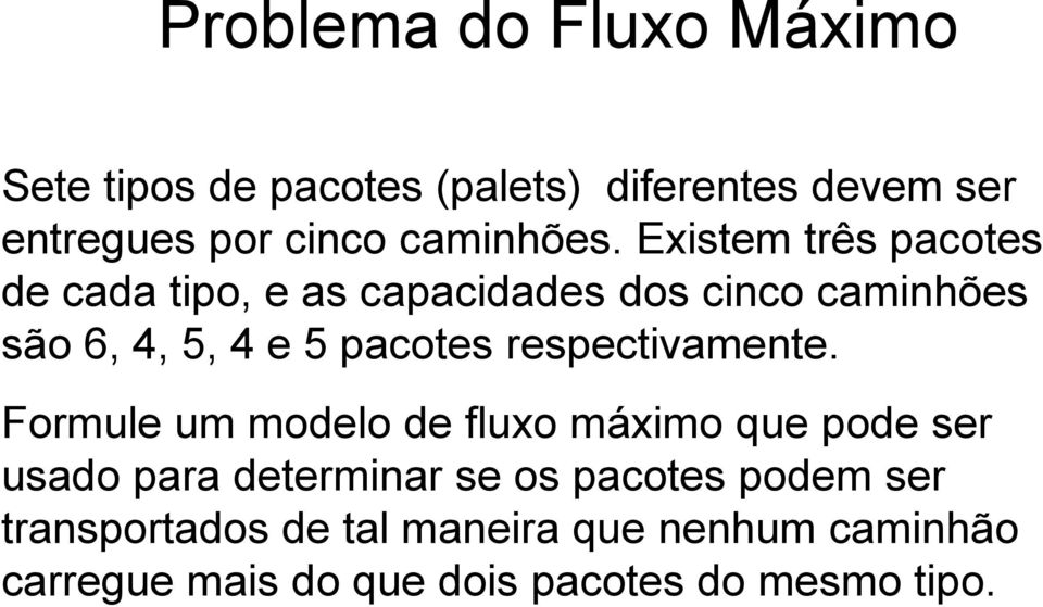 Existem três pacotes de cada tipo, e as capacidades dos cinco caminhões são 6, 4, 5, 4 e 5 pacotes