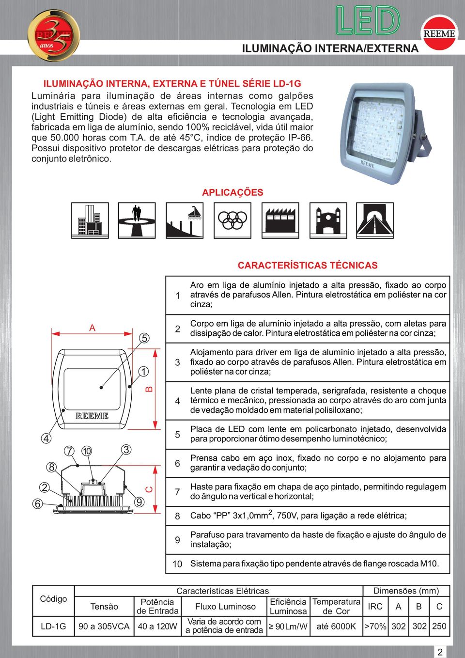 . de até, índice de proteção IP-. Possui dispositivo protetor de descargas elétricas para proteção do conjunto eletrônico.