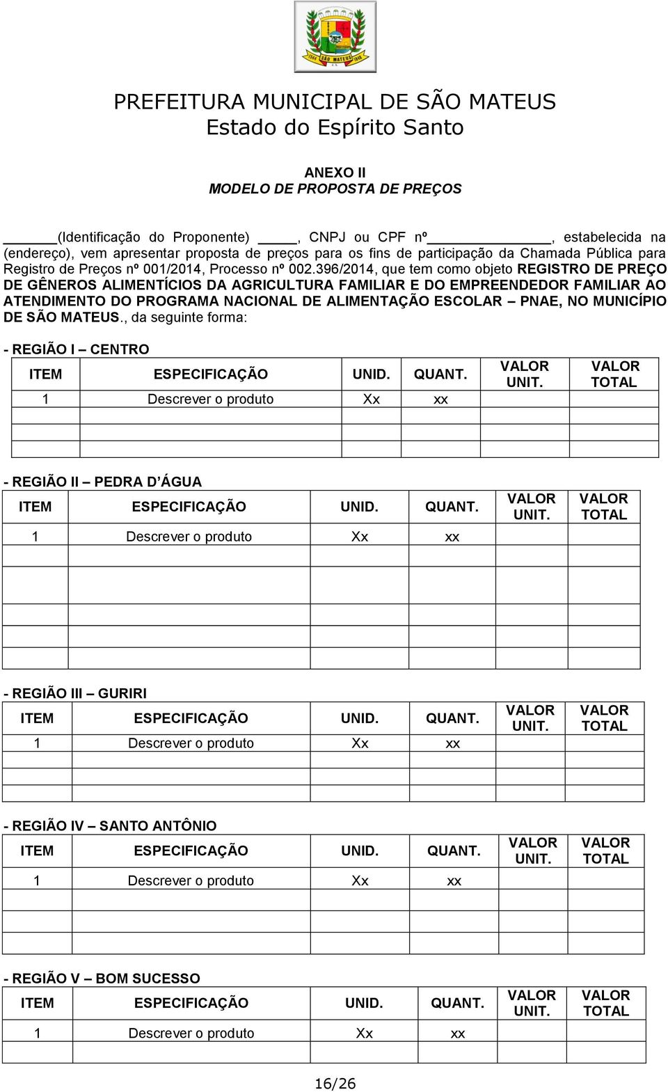 396/2014, que tem como objeto REGISTRO DE PREÇO DE GÊNEROS ALIMENTÍCIOS DA AGRICULTURA FAMILIAR E DO EMPREENDEDOR FAMILIAR AO ATENDIMENTO DO PROGRAMA NACIONAL DE ALIMENTAÇÃO ESCOLAR PNAE, NO