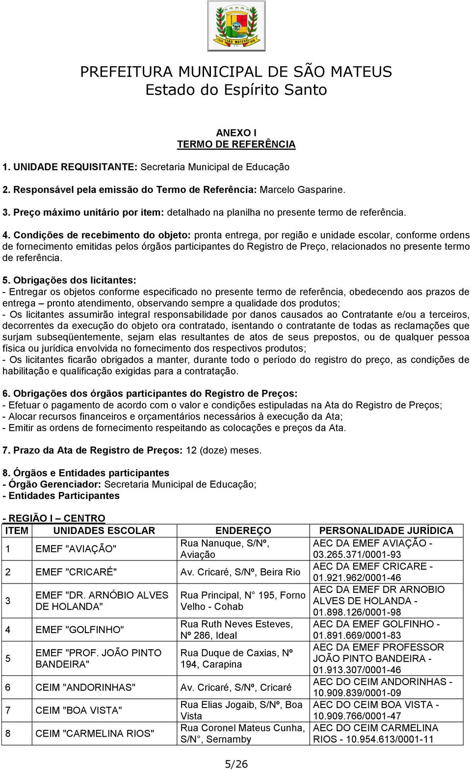 Condições de recebimento do objeto: pronta entrega, por região e unidade escolar, conforme ordens de fornecimento emitidas pelos órgãos participantes do Registro de Preço, relacionados no presente