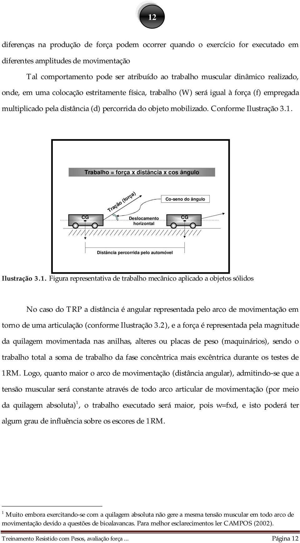 Trabalho = força x distância x cos ângulo CG Tração (força) Deslocamento horizontal Co-seno do ângulo CG Distância percorrida pelo automóvel Ilustração 3.1.