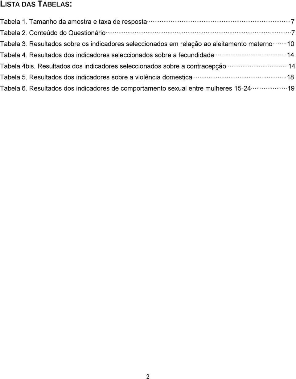 Resultados dos indicadores seleccionados sobre a fecundidade 14 Tabela 4bis.