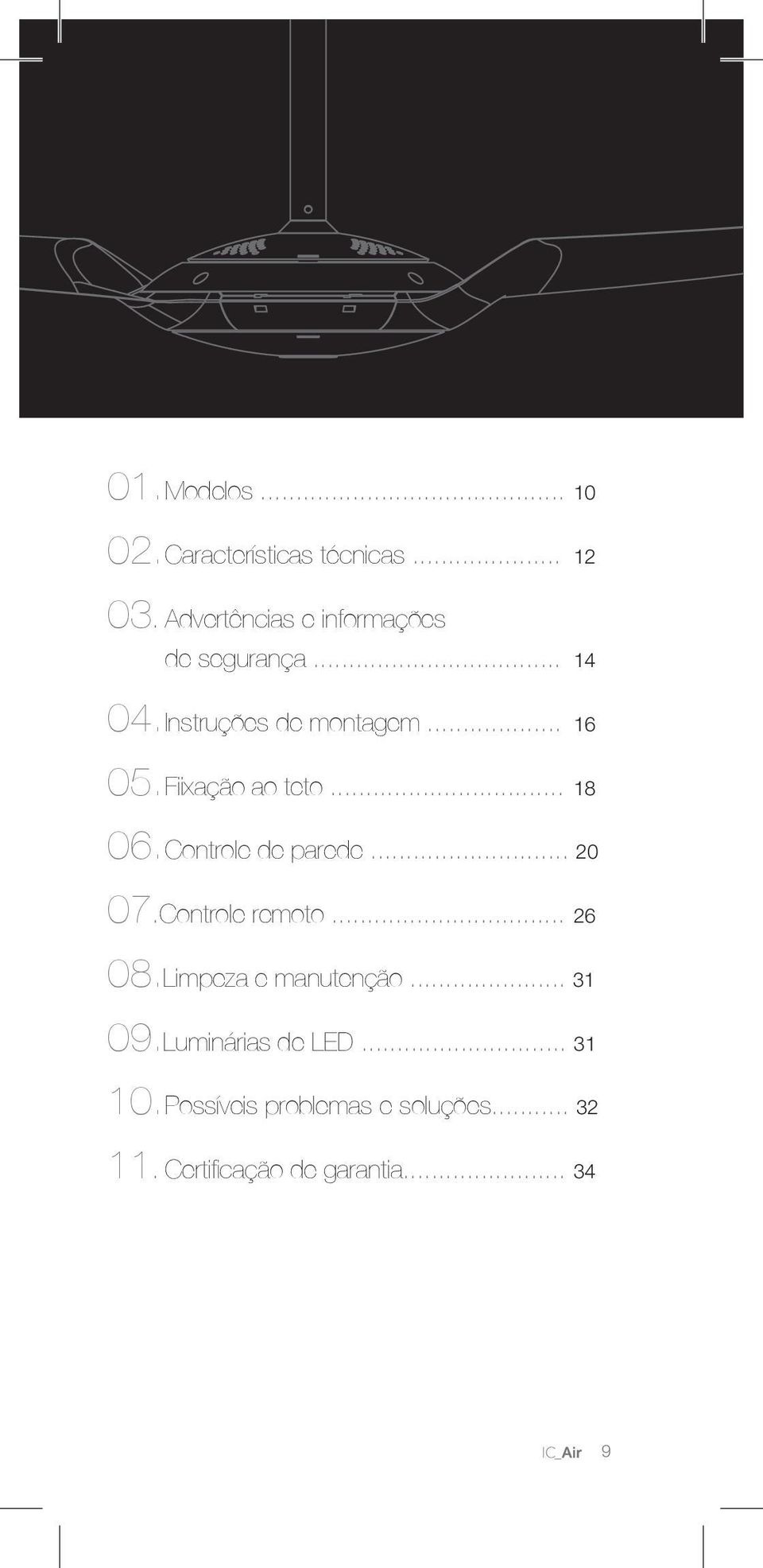 Fiixação ao teto... 18 06. Controle de parede... 20 07.Controle remoto... 26 08.