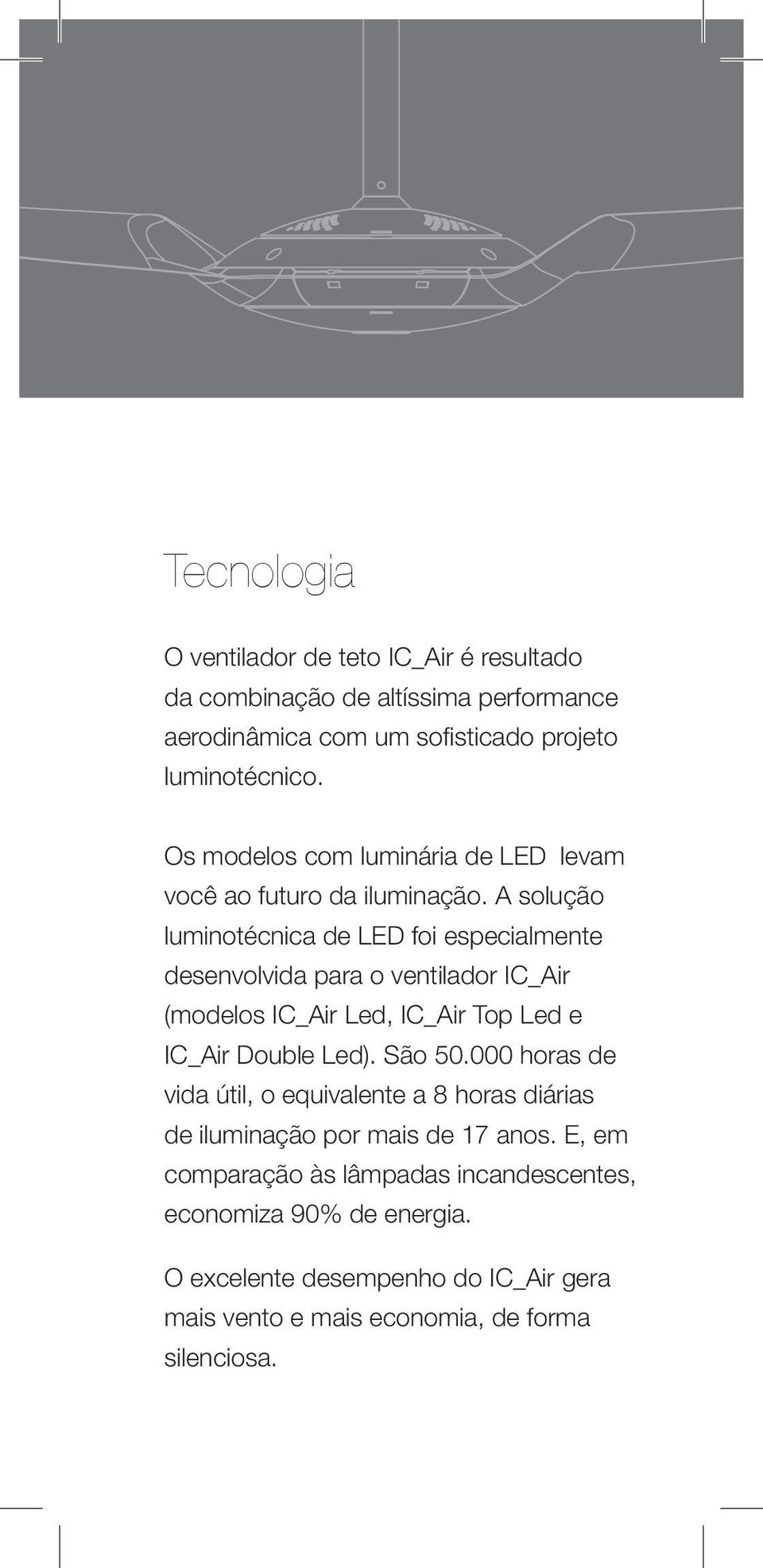 A solução luminotécnica de LED foi especialmente desenvolvida para o ventilador IC_Air (modelos IC_Air Led, IC_Air Top Led e IC_Air Double Led). São 50.