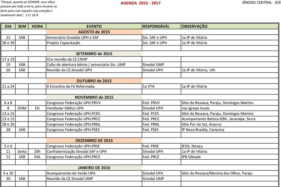 Sinodal UPH Sinodal UPH 1a IP de Vitória, 14h OUTUBRO de 2015 21 a 24 X Encontro da Fé Reformada 1a VTA 1a IP de Vitória NOVEMBRO de 2015 6 a 8 Congresso Federação UPH.PRVV Fed.