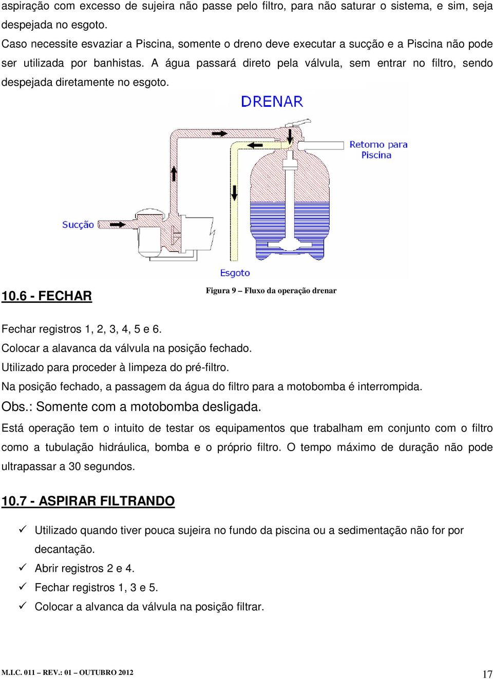 A água passará direto pela válvula, sem entrar no filtro, sendo despejada diretamente no esgoto. 10.6 - FECHAR Figura 9 Fluxo da operação drenar Fechar registros 1, 2, 3, 4, 5 e 6.