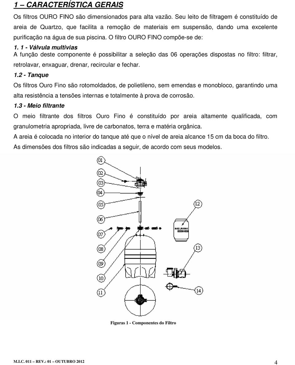 1 - Válvula multivias A função deste componente é possibilitar a seleção das 06 operações dispostas no filtro: filtrar, retrolavar, enxaguar, drenar, recircular e fechar. 1.