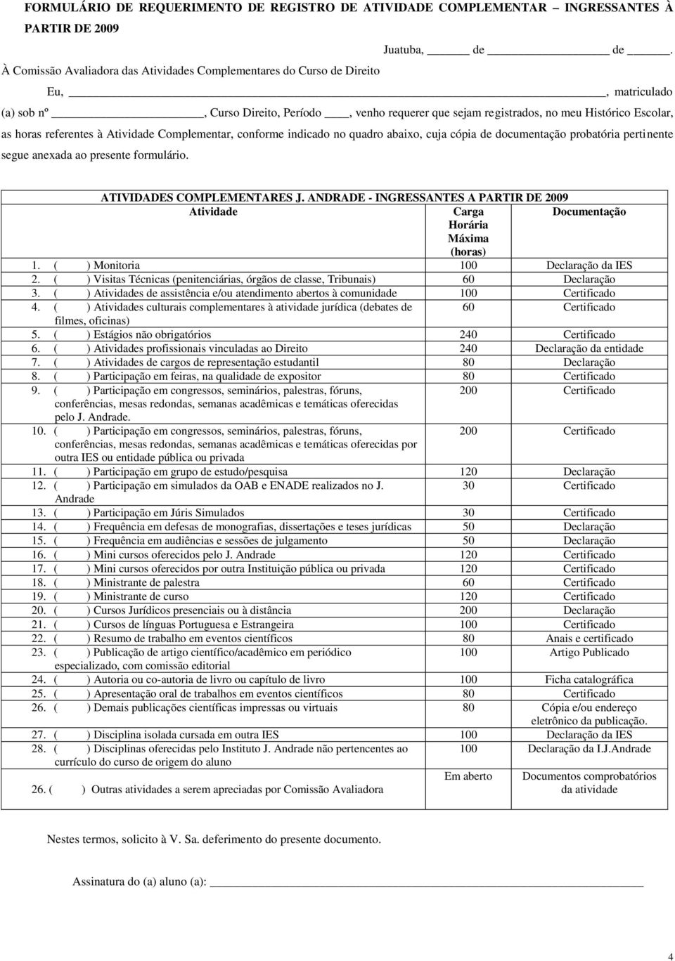 probatória pertinente segue anexada ao presente formulário. ATIVIDADES COMPLEMENTARES J. ANDRADE - INGRESSANTES A PARTIR DE 2009 Atividade Carga Documentação Horária Máxima (horas) 1.