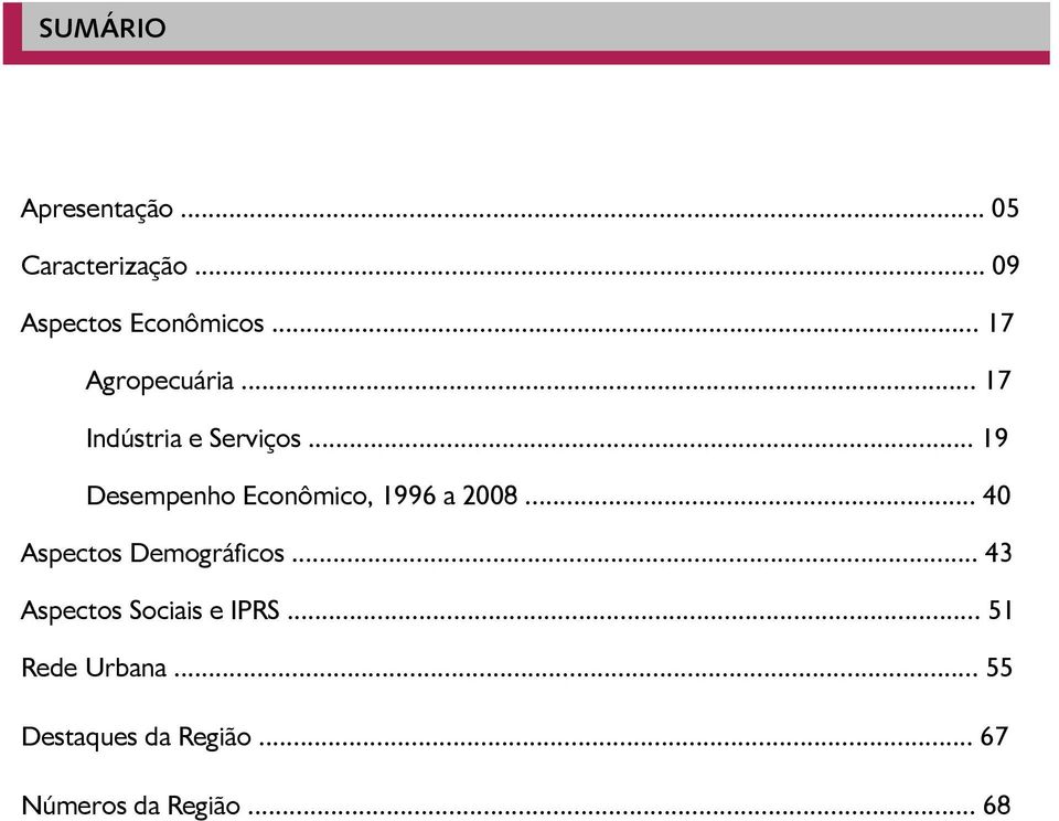 .. 43 Aspectos Sociais e IPRS... 51 Rede Urbana... 55 Destaques da Região... 67 Números da Região.