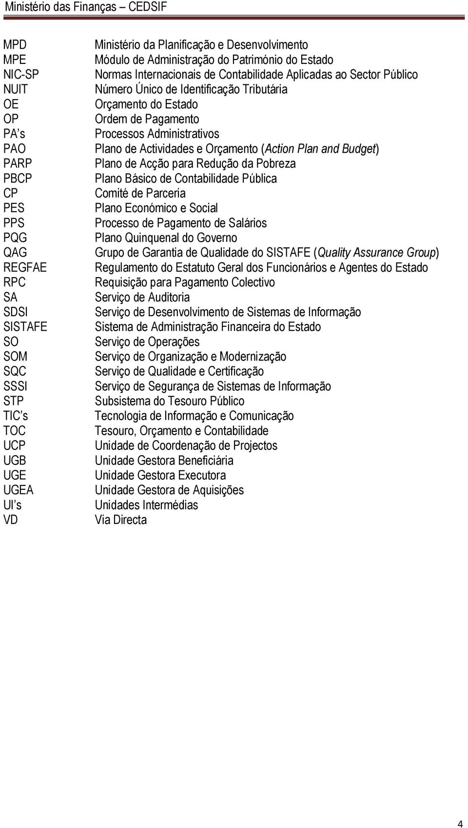 Administrativos Plano de e Orçamento (Action Plan and Budget) Plano de Acção para Redução da Pobreza Plano Básico de Contabilidade Pública Comité de Parceria Plano Económico e Social Processo de