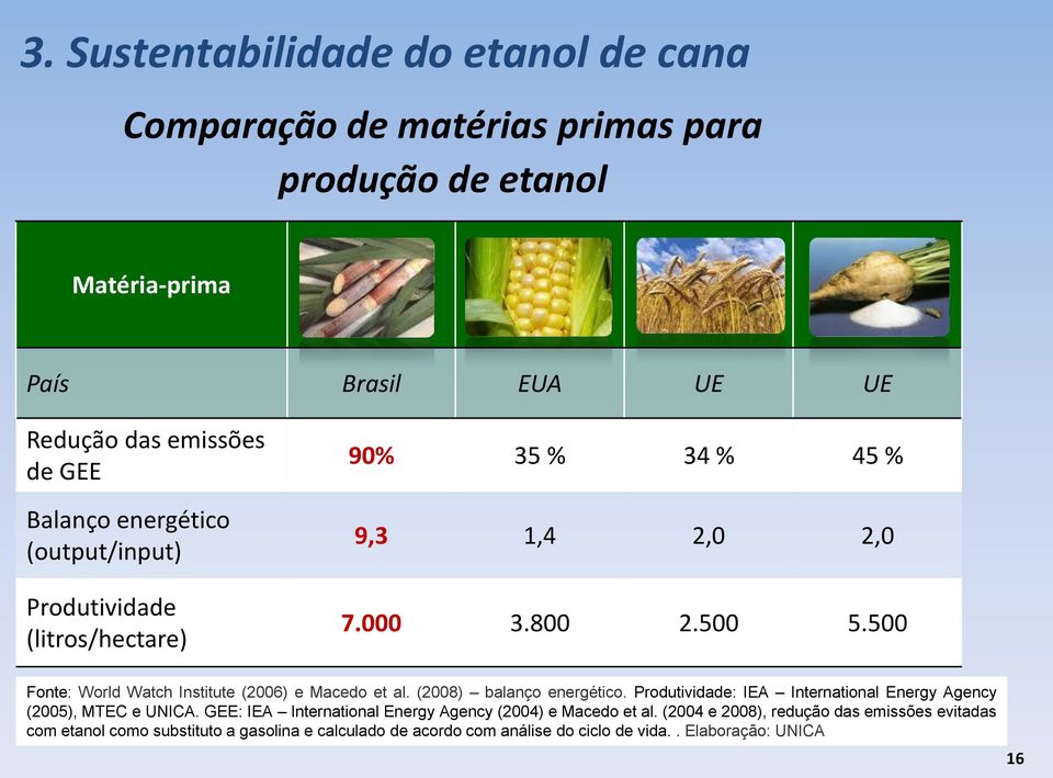 500 Fonte: World Watch Institute (2006) e Macedo et al. (2008) balanço energético. Produtividade: IEA International Energy Agency (2005), MTEC e UNICA.