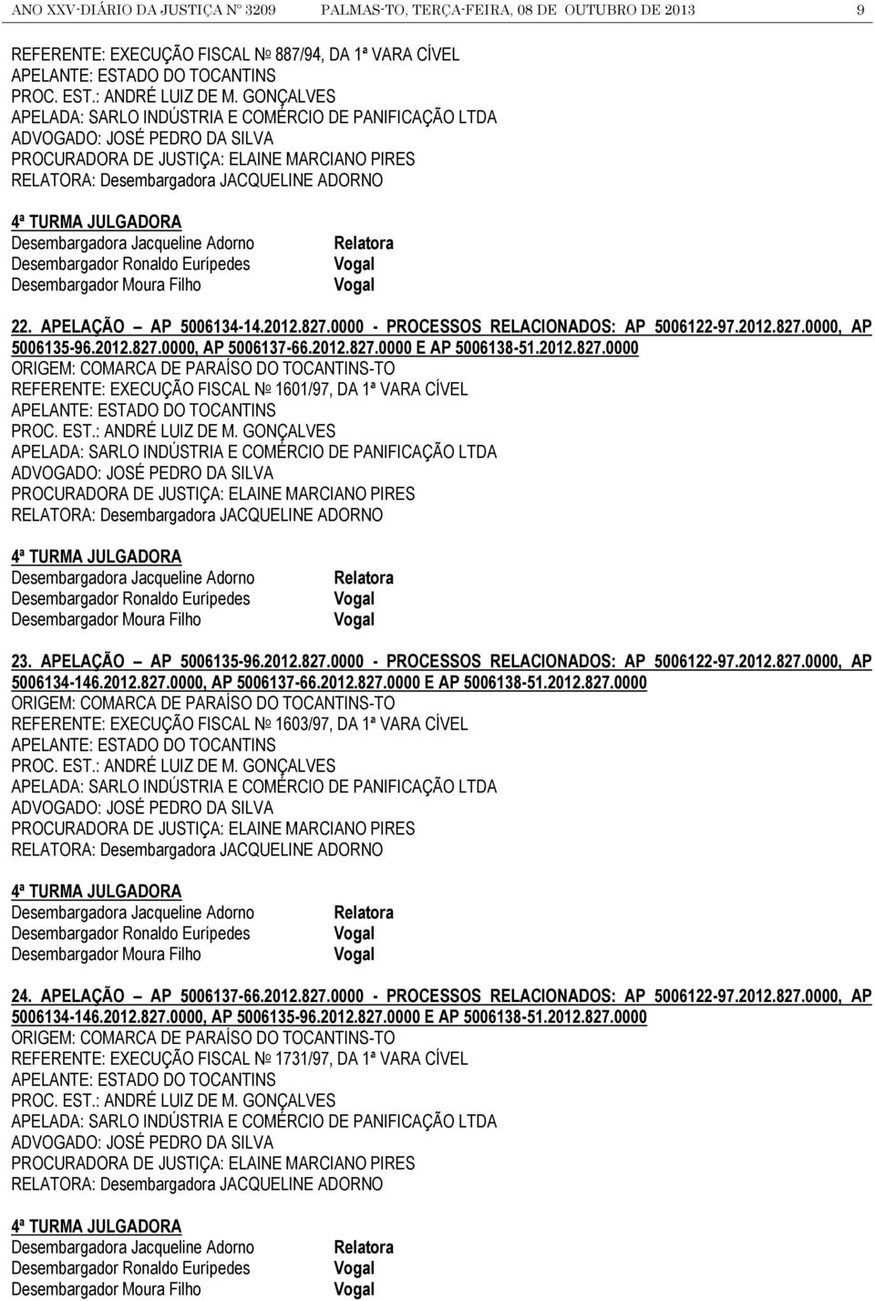 JULGADORA Desembargadora Jacqueline Adorno Desembargador Ronaldo Eurípedes Desembargador Moura Filho Relatora 22. APELAÇÃO AP 5006134-14.2012.827.0000 - PROCESSOS RELACIONADOS: AP 5006122-97.2012.827.0000, AP 5006135-96.