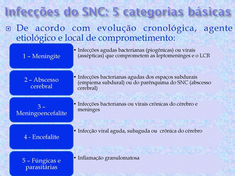 espaços subdurais (empiema subdural) ou do parênquima do SNC (abscesso cerebral) 3 Meningoencefalite Infecções bacterianas ou virais