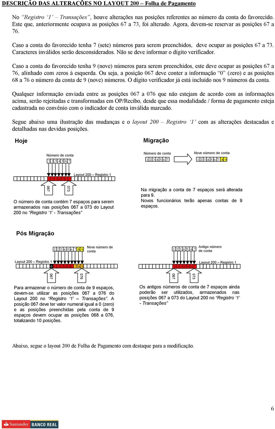 Caso a conta do favorecido tenha 7 (sete) números para serem preenchidos, deve ocupar as posições 67 a 73. Caracteres inválidos serão desconsiderados. Não se deve informar o dígito verificador.