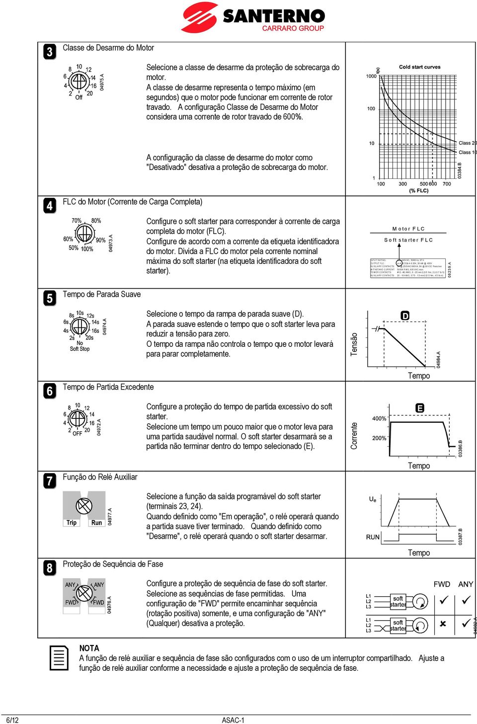 A configuração Classe de Desarme do Motor considera uma corrente de rotor travado de 600%. A configuração da classe de desarme do motor como "Desativado" desativa a proteção de sobrecarga do motor.