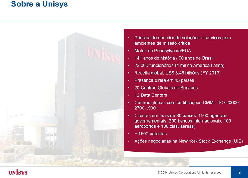 000 funcionários (4 mil na América Latina) Receita global: US$ 3,46 bilhões (FY 2013) Presença direta em 43 países 20 Centros Globais de Servíços 12 Data